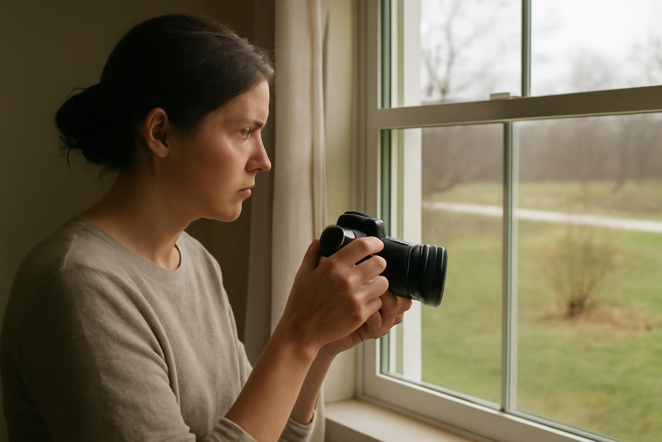 A person holding a camera by a window, looking at a small scene outside