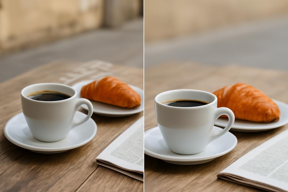 Two versions of the same small scene photographed: one wide-angle close-up and one telephoto-compressed view